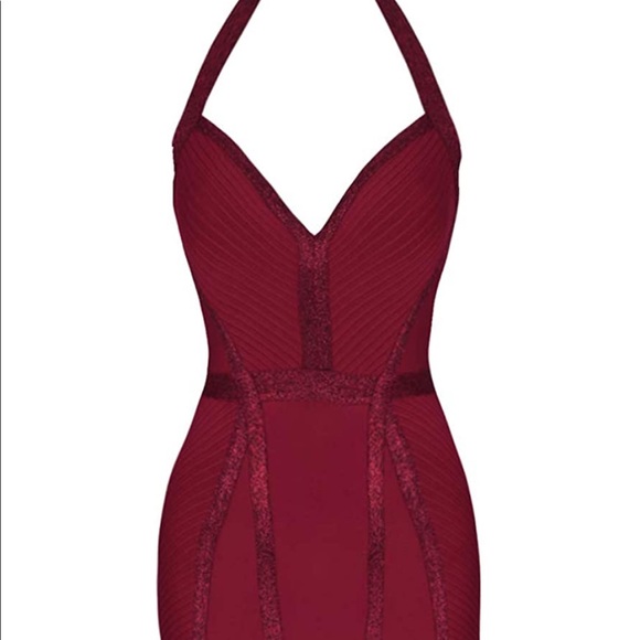 Sexy Flattering Stretchy Bandage V Neck Bodycon Dress - Burgundy - Picture 3 of 13
